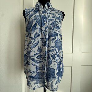 Women's H & M Blue & White Floral Sleeveless Button Up Blouse, Size 4